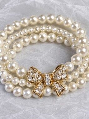 3-Stack Ivory Pearl Bracelets with Gold Rhinestone Bow – New